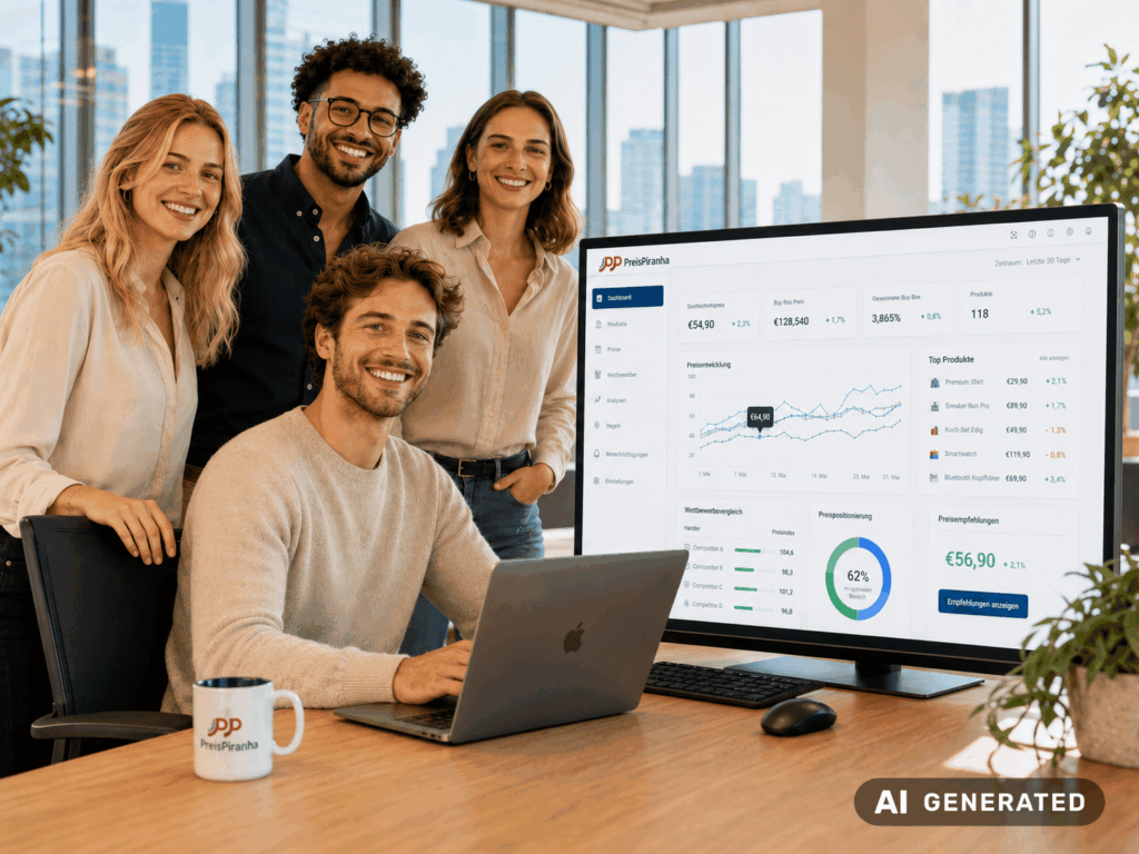 PreisPiranha-Team vor dm Dashboard. Bild mit KI generiert