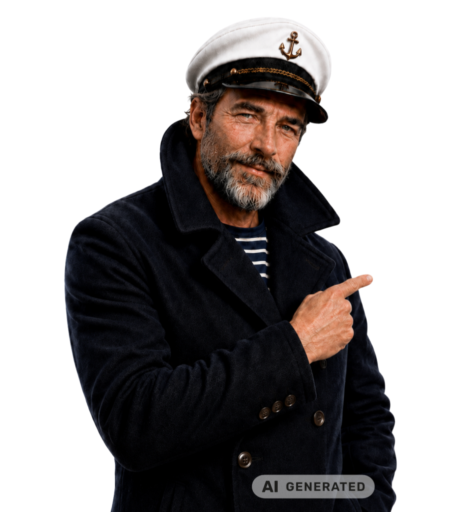 Kapitän zeigt nach rechts. Bild mit KI generiert.
