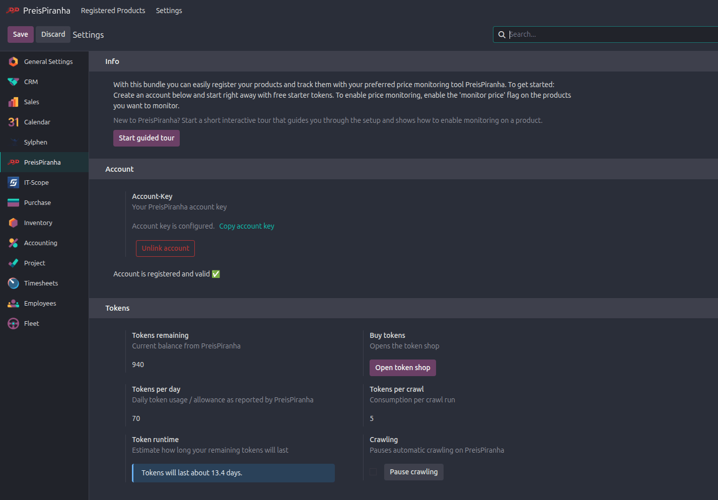 PreisPiranha-Einstellungen in Odoo mit Kontoverbindung, Token-Guthaben und Crawl-Status